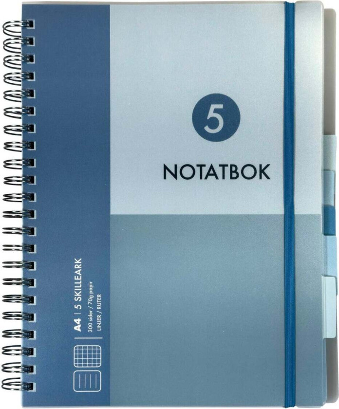 Notatbok med 5 skilleark Norli A4 blå 300 sider