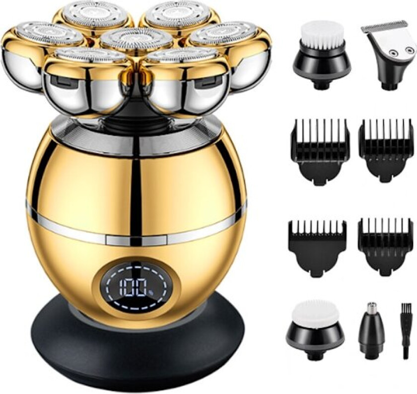 7D barbermaskin for menn, gull, 6 i 1 våt og tørr barbermaskin for ansikt og hode