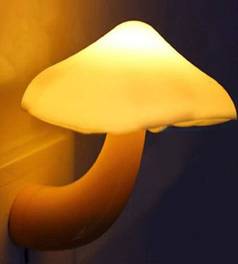 Energibesparende sensor nattlampe i form av en sopp med en gul kontakt med en gjennomsnittlig levetid på 50 000 timer