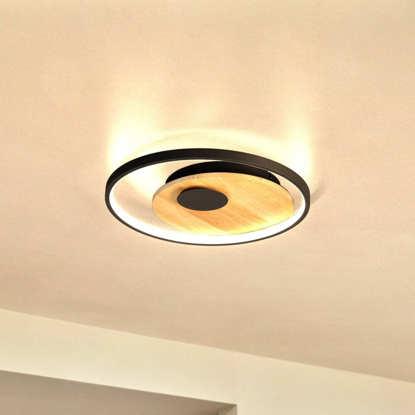 LED-taklampe Marit, Ø 40 cm, sandgrå, metall/tre