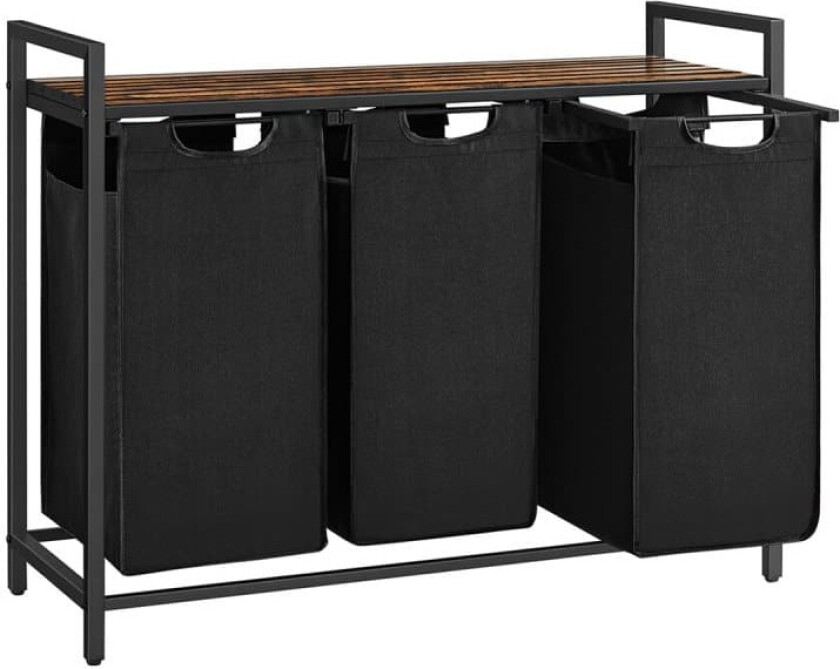 Skittentøyskurv, vaskekurv, vaskesortering med 3 uttrekkbare og avtakbare poser, 1 oppbevaringshylle