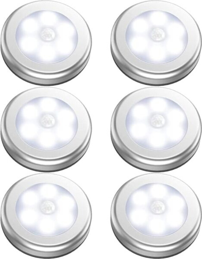 6 stk batteridrevne bevegelsessensorlamper innendørs, LED-skapbelysning, batteri nattlampe trådløs, klistre-på vegglamper for pantry, skap, garderobe