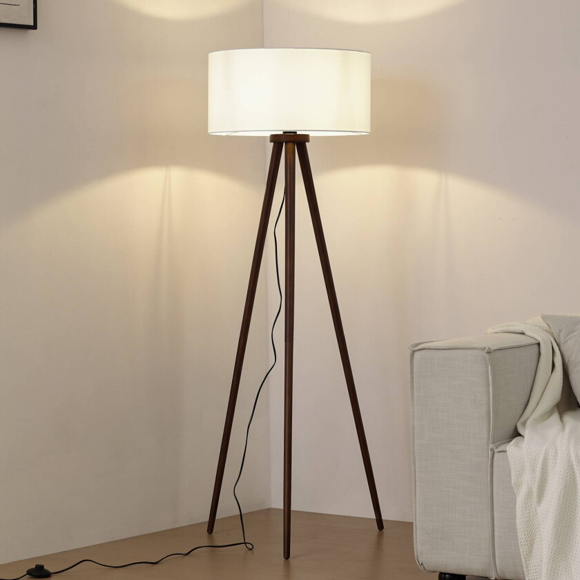 Lindby gulvlampe Charlia, hvit, valnøtt, høyde 150 cm