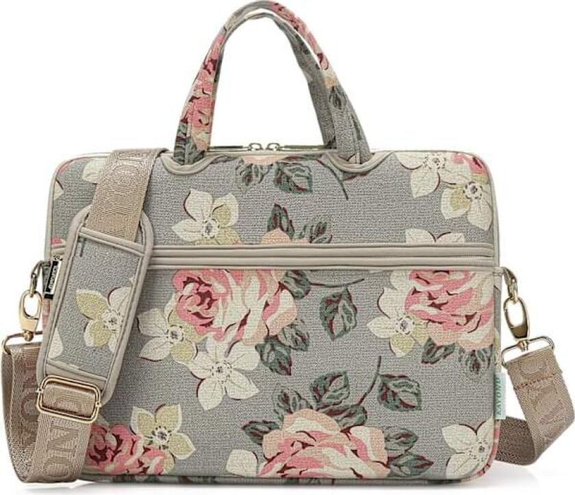 Grå Rosemønster Canvas Laptop Skulderveske Crossbody Bag for 14 Tommers Laptop og Macbook Pro A1707 (14-14.1 Tommer, Grå Rose)