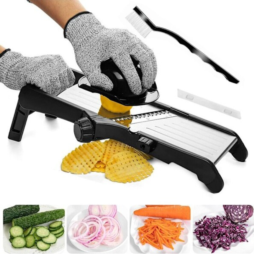 Justerbar Mandolin Kutter ProAesjonell 3 i 1 Rustfritt Stål Matkutter Multi Aunksjonell Grønnsakskutter med Sikkerhetshansker