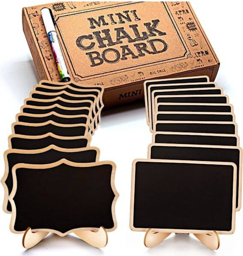 20 stk. Avtørkbar minitavle med viskbar krittmarkør - liten tre-tavle med stativ - bruk som bordkort, navnelapper, prislapper