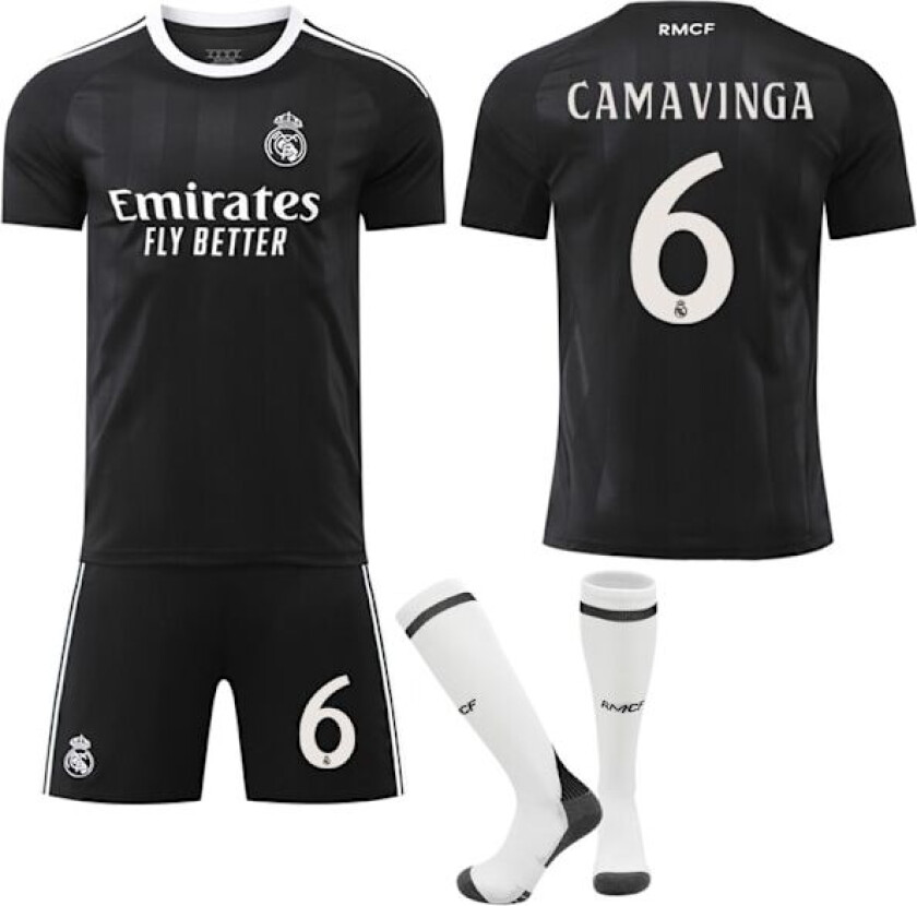 25-26 Real Madrid Barn Voksen Svart Trenings Fotballskjorte Sett med Sokker No.6 Camavinga