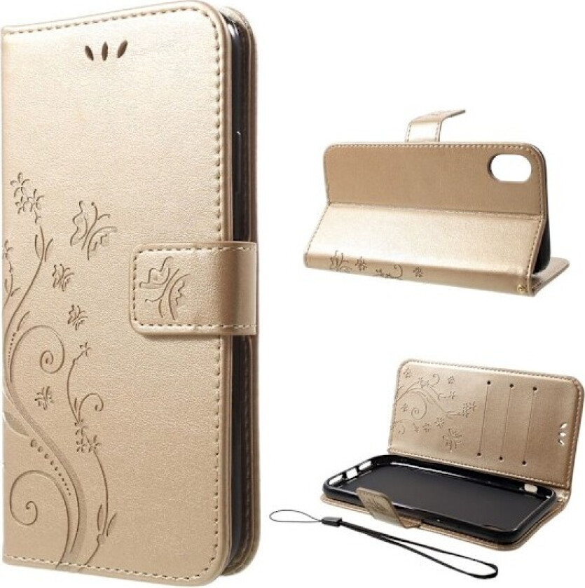 iPhone Xr beskyttelses deksel av syntetisk skinn med sommerfugl og blomster avtykk - gull