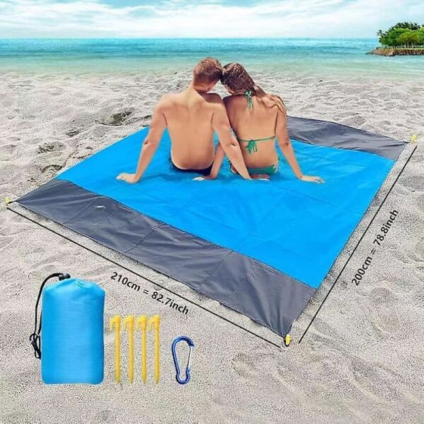 Bilde av DWW-(Blå) Strandteppe Piknikpledd 200x210cm Ultralett Strandteppe Vanntett Utendørs Strandmatte for Strand, Camping