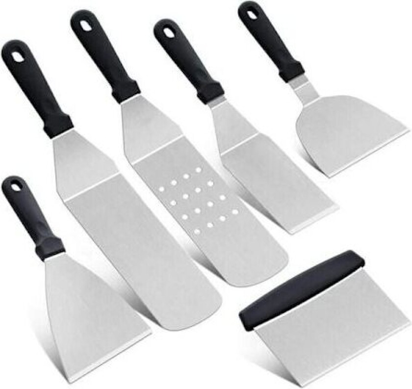 Grillredskaper, sett med 6 kjøkkenredskaper i rustfritt stål, stekespade, grillspade, pannekakespade, teppanyaki kjøkkenredskaper