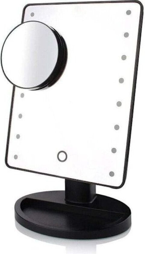 10X Forstørrelses LED Sminkespeil med Lys, USB og Batteridrevet, 360° Rotasjon, Svart - Perfekt for Sminke og Barbering