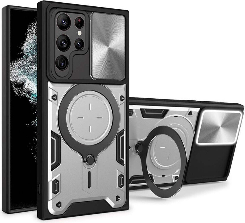 Samsung Galaxy S22 Ultra Håndverker Deksel m. Kickstand & Cam Slider - Sølv