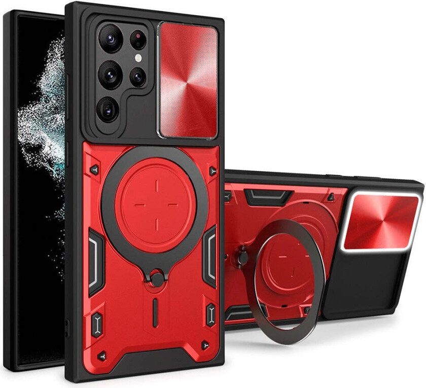 Samsung Galaxy S22 Ultra Håndverker Deksel m. Kickstand & Cam Slider - Rød