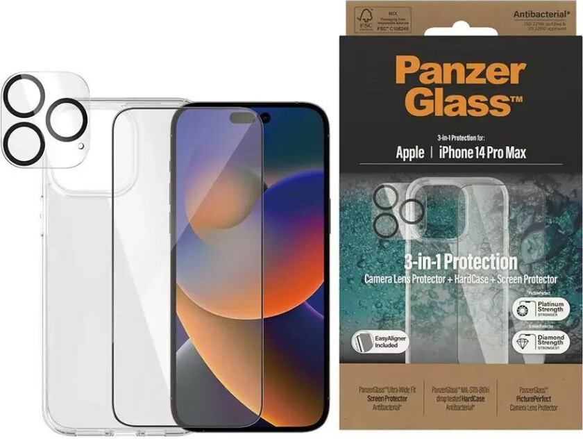 iPhone 14 Pro Max 3-i-1 Bundle med EasyAligner - Skärmskyddsglas (UWF) / Deksel / Kamerabeskyttelse - Gjennomsiktig