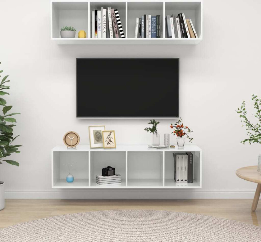 Vegghengte TV-benker 2 stk høyglans hvit sponplate