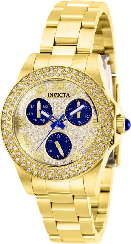 Angel Lady 34mm Stainless Steel Gold Blue Pave Dial - Kvarts - Gull Krystal - Dameklokker - Rustfritt stål - ledd m/pin - Safirbelagt...