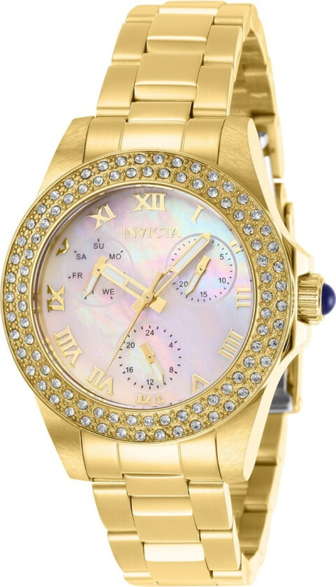 Angel Lady 34mm Stainless Steel Gold White Dial - Kvarts - Gull Krystal - Dameklokker - Rustfritt stål - ledd m/pin - Safirbelagt...