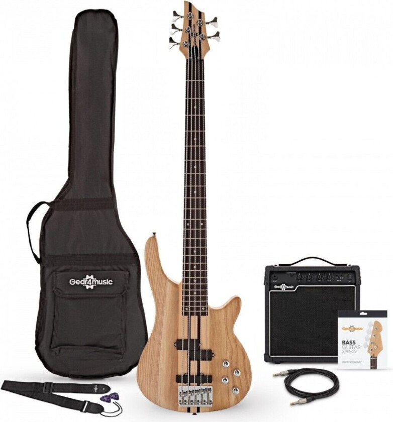 Bilde av Gear4Music Chicago 5 String Neck Thru Bassgitar + 15W Forsterkerpakke Natural