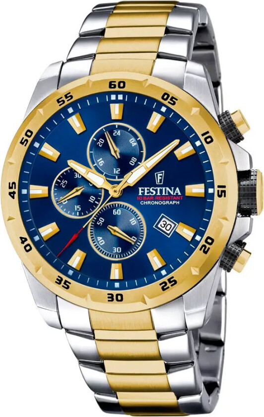 Mens Chronograph F20562/2 - Kvarts - Gull Sølv - Herreklokker - Rustfritt stål - ledd m/pin - Mineral