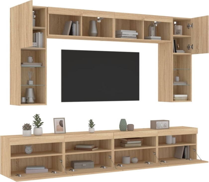 Vegghengte TV-benker med LED 8 stk sonoma eik