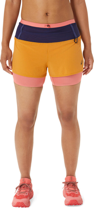 Asics Fujitrail 2-N-1 Short, løpeshorts med innershorts, dame SANDSTORM/PAPAYA