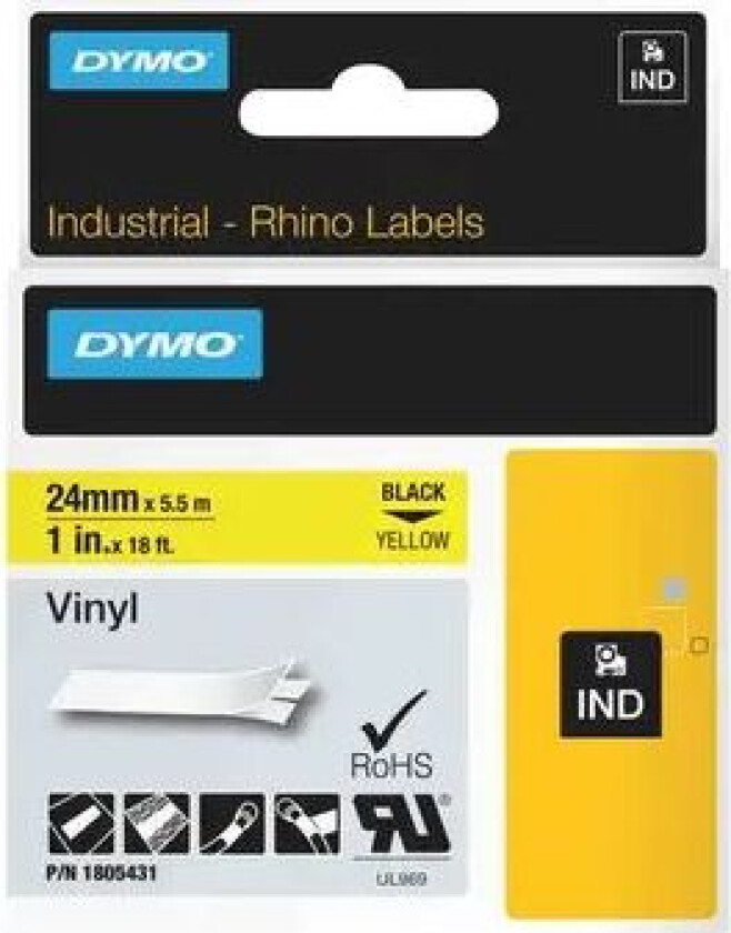 Dymo Tape Rhinopro Permanent Vinyl 24mm Svart/gul