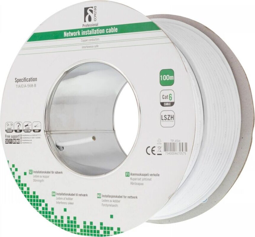 Cat6 U/utp Nettverkskabel Hvit, Lszh - 100m Installasjonskabel