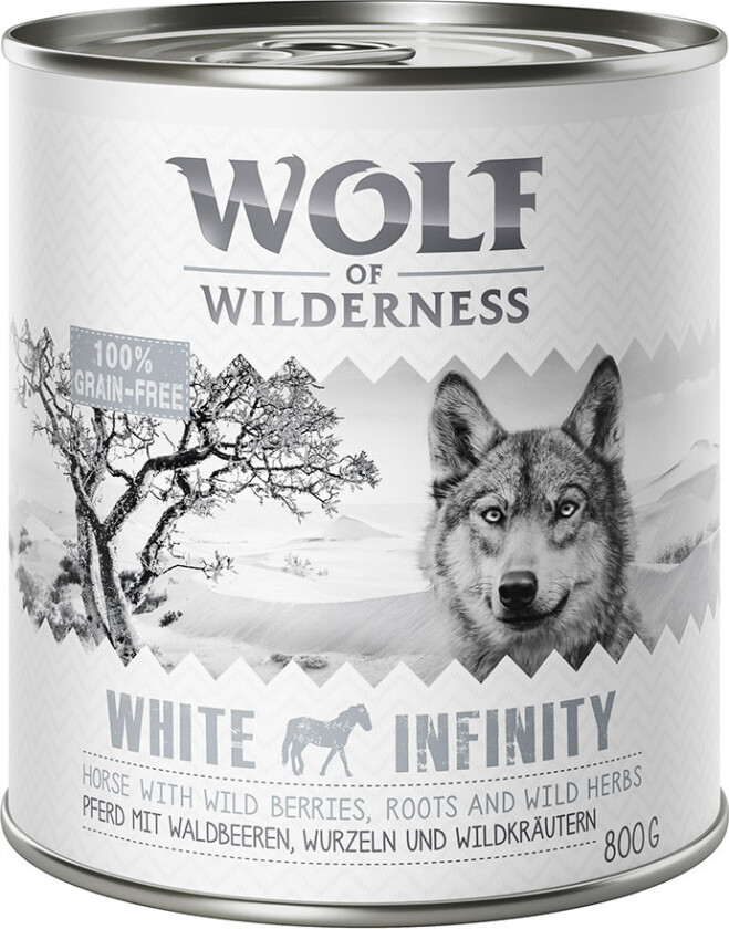 100 kr rabatt ! Økonomipakke Wolf of Wilderness 24 x 800 g - White Infinity - Pferd