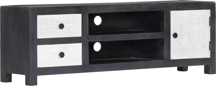 Håndskåret TV-benk grå og hvit 120x30x40 cm heltre mango