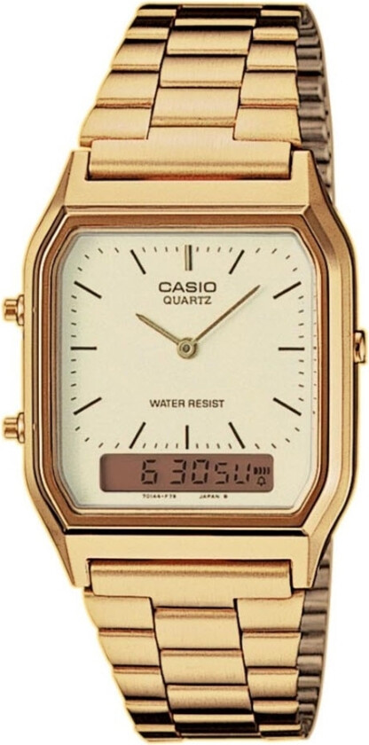 Slipp elegansen løs med- Casio AQ230GA-9D - Klassisk og populær gullklokke med hvit urskive - Anadigi - Gull - Unisex - Rustfritt stål - ledd...