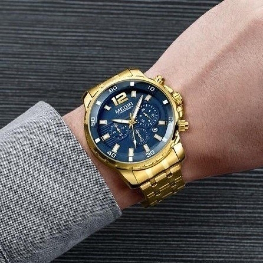 Flott kronograf klokke i gullfarge og blå urskive - Megir Chronograph MS2068GGD-2N3 - Kvarts - Gull - Herreklokker - Rustfritt stål - ledd m/pin -...
