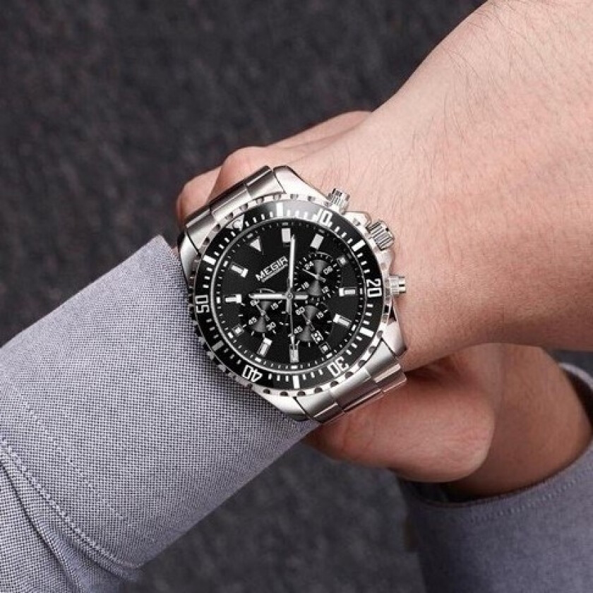 Chronograph Steel Black - Kvarts - Sølv - Herreklokker - Rustfritt stål - ledd m/pin - Mineral
