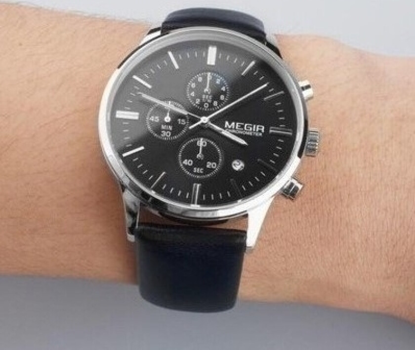 La dem kjenne ditt nærvær - Megir Chronograph ML2011GBK-1 - Kvarts - Sølv - Herreklokker - Skinn - Mineral