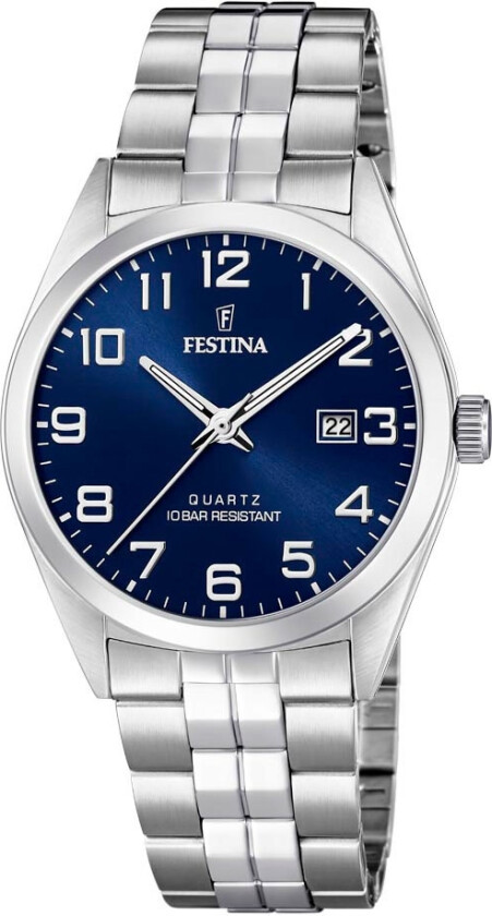Classic Date F20437/3 - Kvarts - Sølv - Herreklokker - Rustfritt stål - ledd m/pin - Mineral
