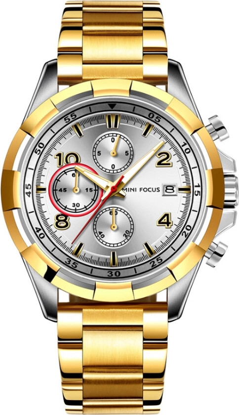 Golden Chronograph 0198 - Kvarts - Gull Sølv - Herreklokker - Rustfritt stål - ledd m/pin - Mineral