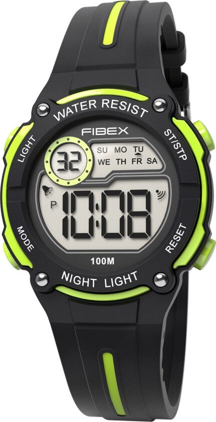 Flott sportklokke til barn og kvinner - Fibex Mini Digital 100M Water Resist FIBEX76IP007 - Digital - Grønn Sort - Unisex - Silikon -