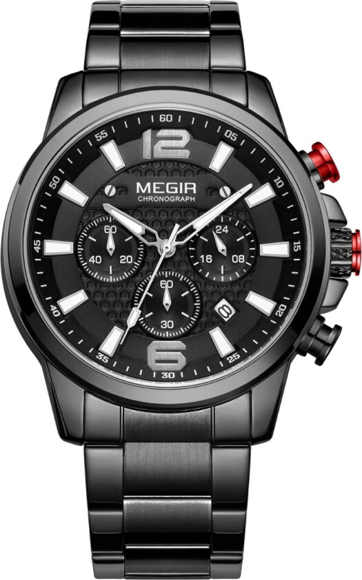 Sports Chronograph Black Steel 2156 - Kvarts - Sort - Herreklokker - Rustfritt stål - ledd m/pin - Mineral