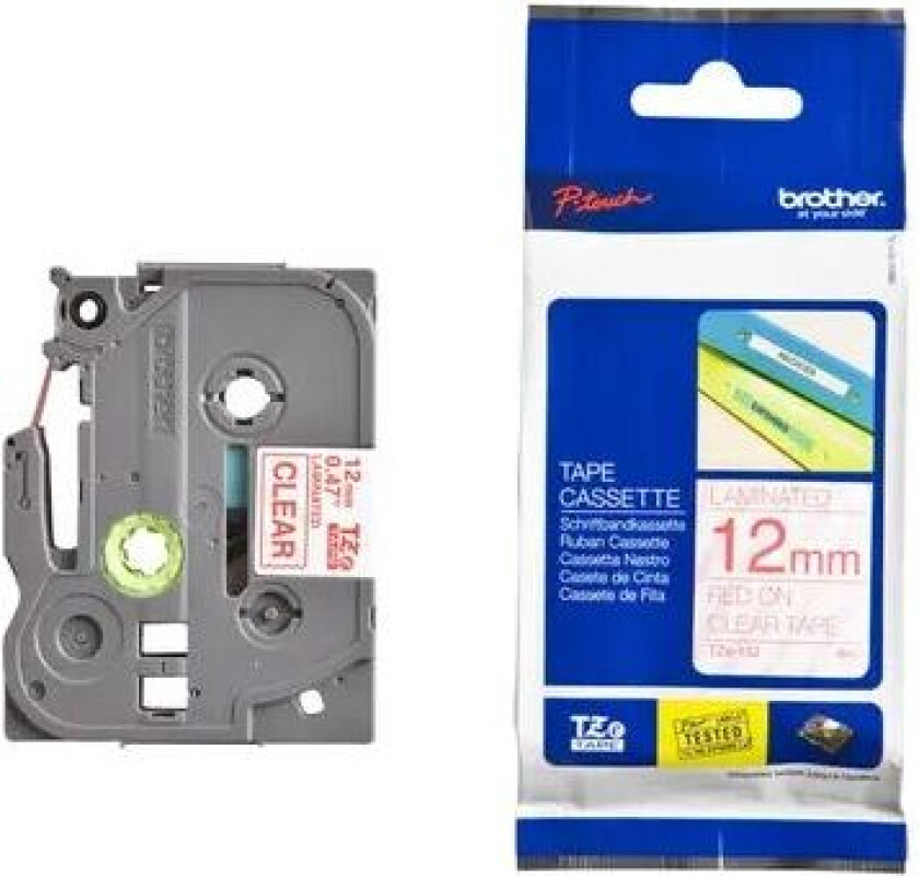 Tape 12mm Tze-132 R�d/gjennomsiktig