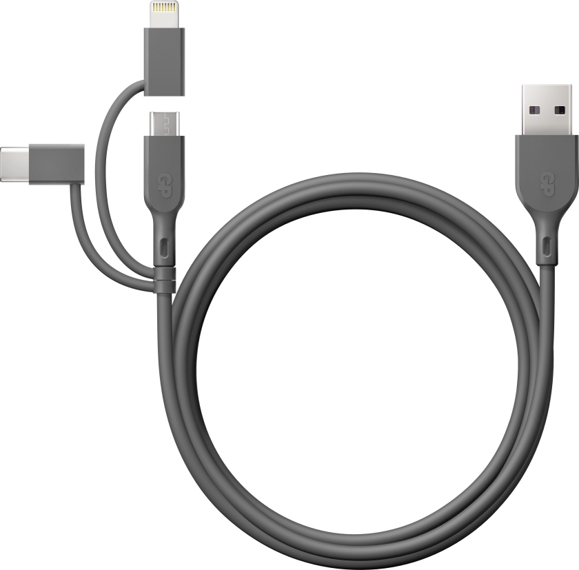 GP Essential Cable 3-in-1 USB-A To MicroUSB +USB-C + Lightning 1m OneSize, Grey