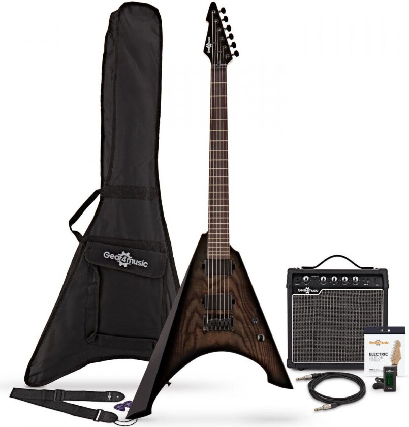 Bilde av Gear4Music Harlem V Elektrisk Gitar + 15W Forsterkerpakke Trans Black