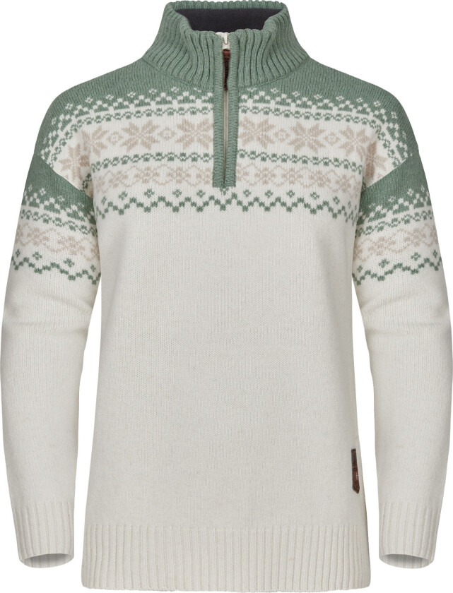 Women's Snøkrystall Half Zip Ullgenser L, White/Green/Beige