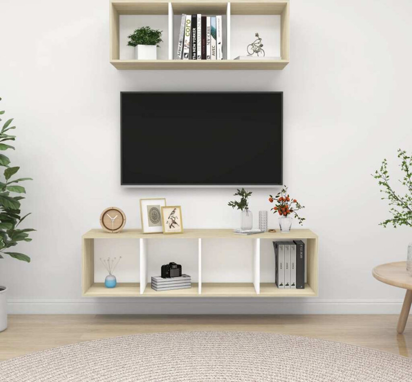 TV-benksett 2 stk hvit og sonoma eik sponplate