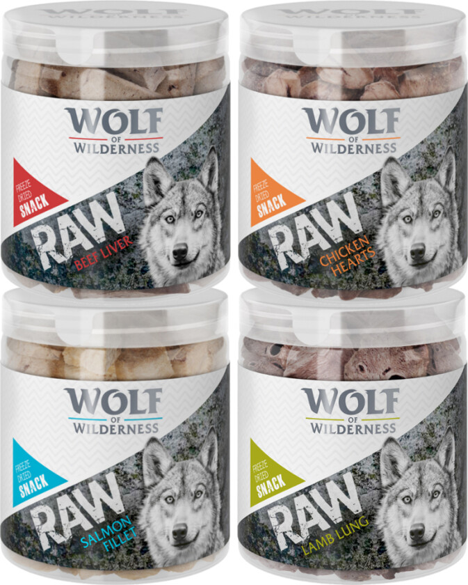 Økonomipakke Wolf of Wilderness RAW - Frysetørkede premiumsnacks - Mix: kyllinghjerter, storfelever, lammelunge, andehals (300 g)