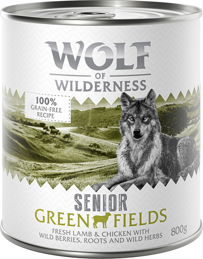 100 kr rabatt ! Økonomipakke Wolf of Wilderness 24 x 800 g - Senior Green Fields - Lam