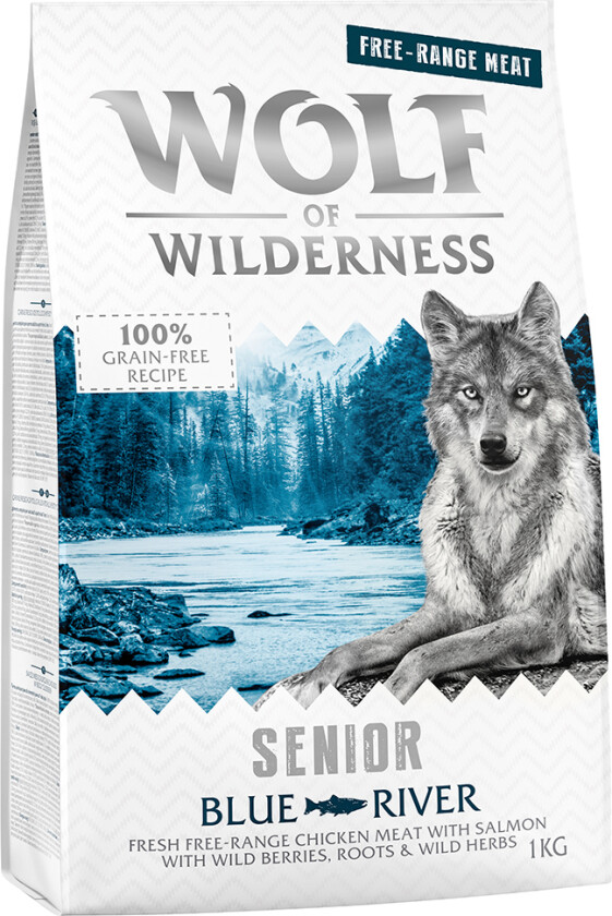 1 kg Wolf of Wilderness hundefôr til spesialpris! - SENIOR Blue River - Frittgående kylling & Laks