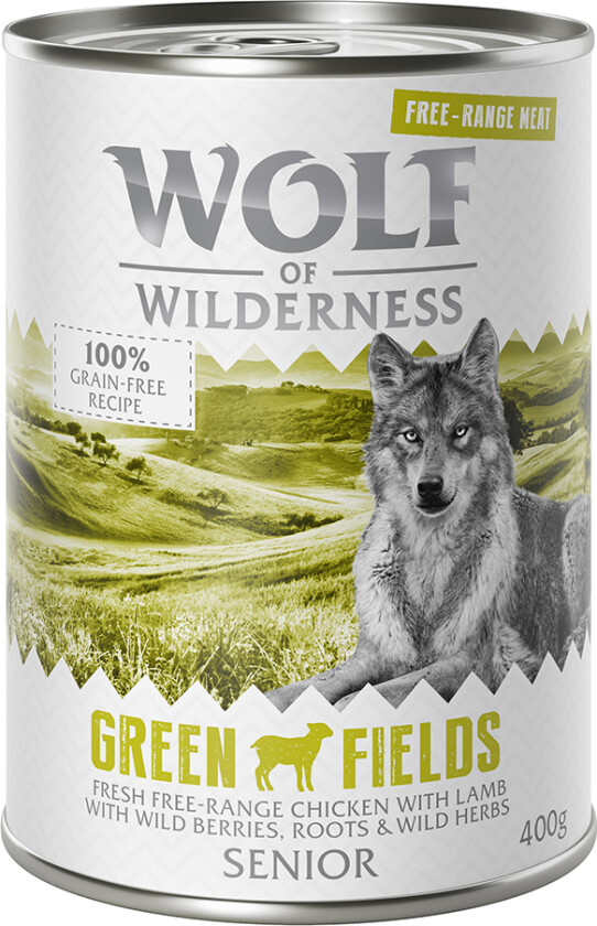 24x400g Wolf of Wilderness Senior "Frittgående" - Senior Green Fields - Frittgående Lam & Kylling