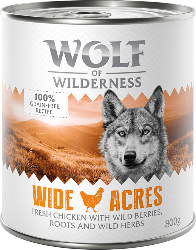 100 kr rabatt ! Økonomipakke Wolf of Wilderness 24 x 800 g - Wide Acres - Kylling
