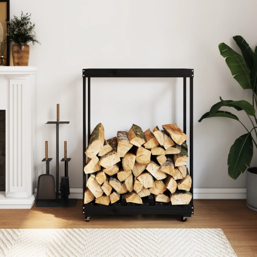 Vedstativ med hjul svart 76,5x40x108 cm heltre furu