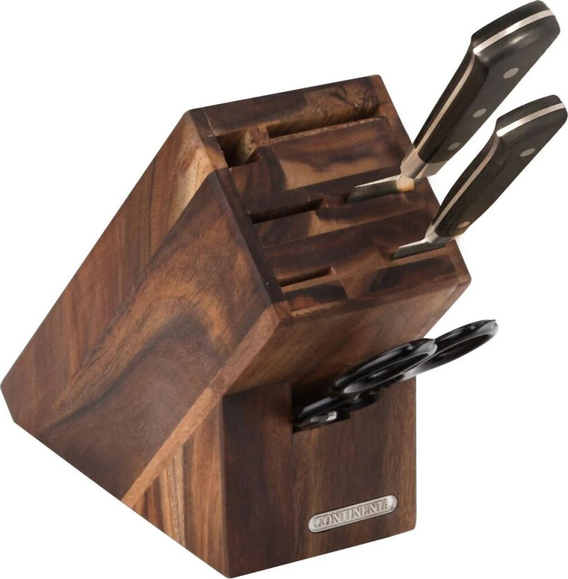 Knivblokk akasie til 5 kniver, bryne og saks 9,5 x 22 cm