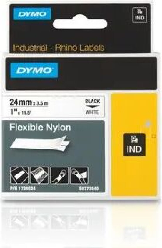Dymo Tape Rhinopro Fleksibel Nylon 24mm Svart/hvit